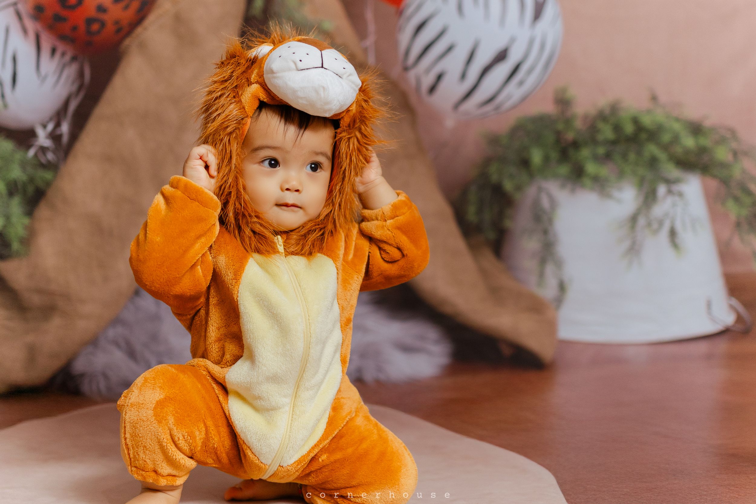 Toddler wearing an orange and yellow lion costume sits on hardwood floor near decorative elements.
