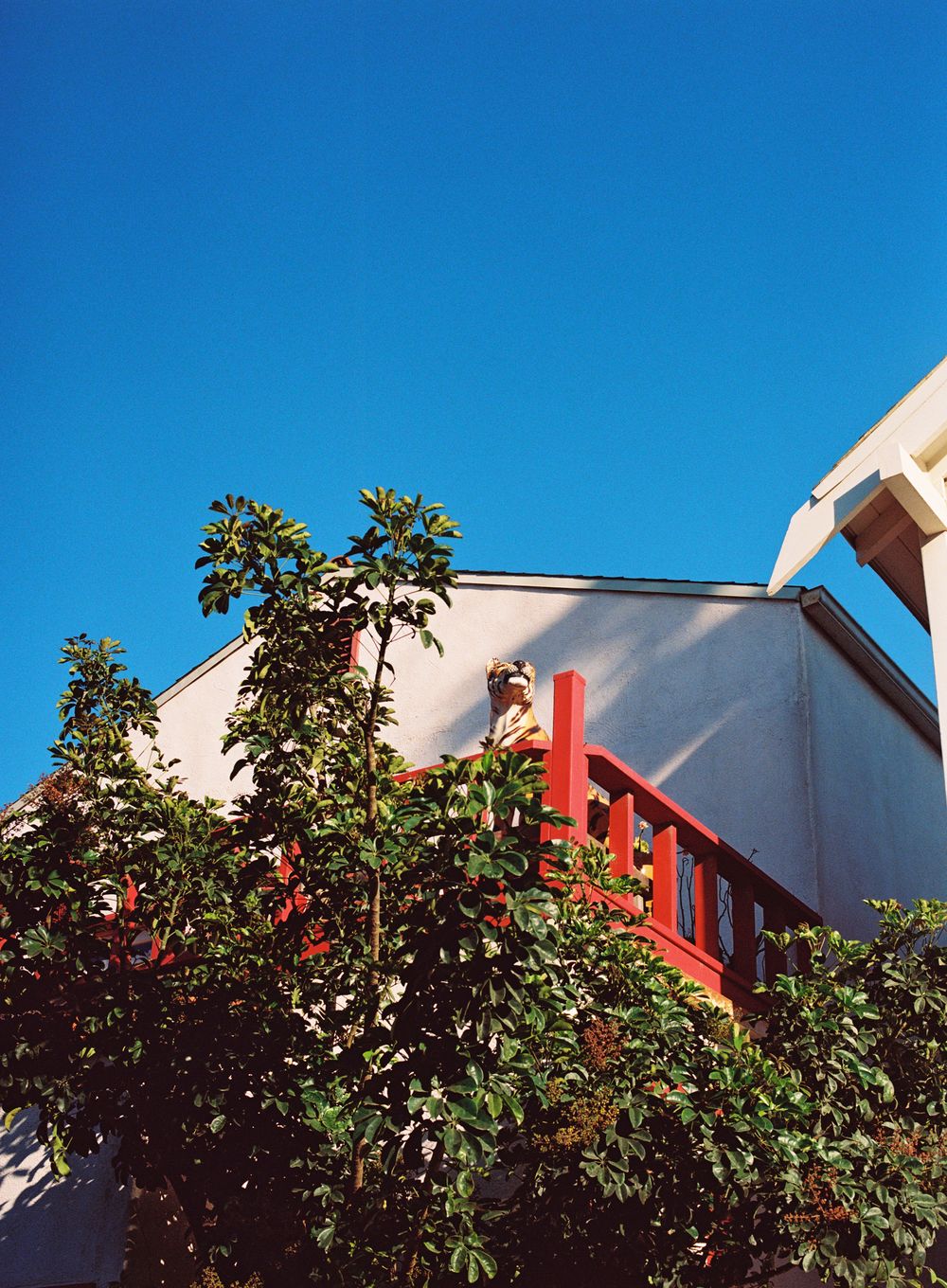 Modern building exterior with red architectural details against bright blue sky.