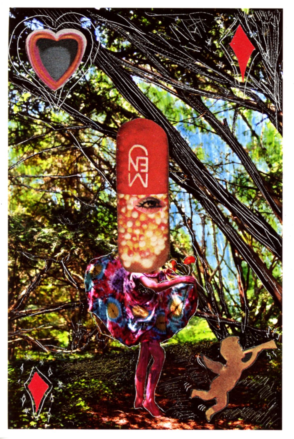 Playing card inspired collage with heart and diamond symbols in tree branches.