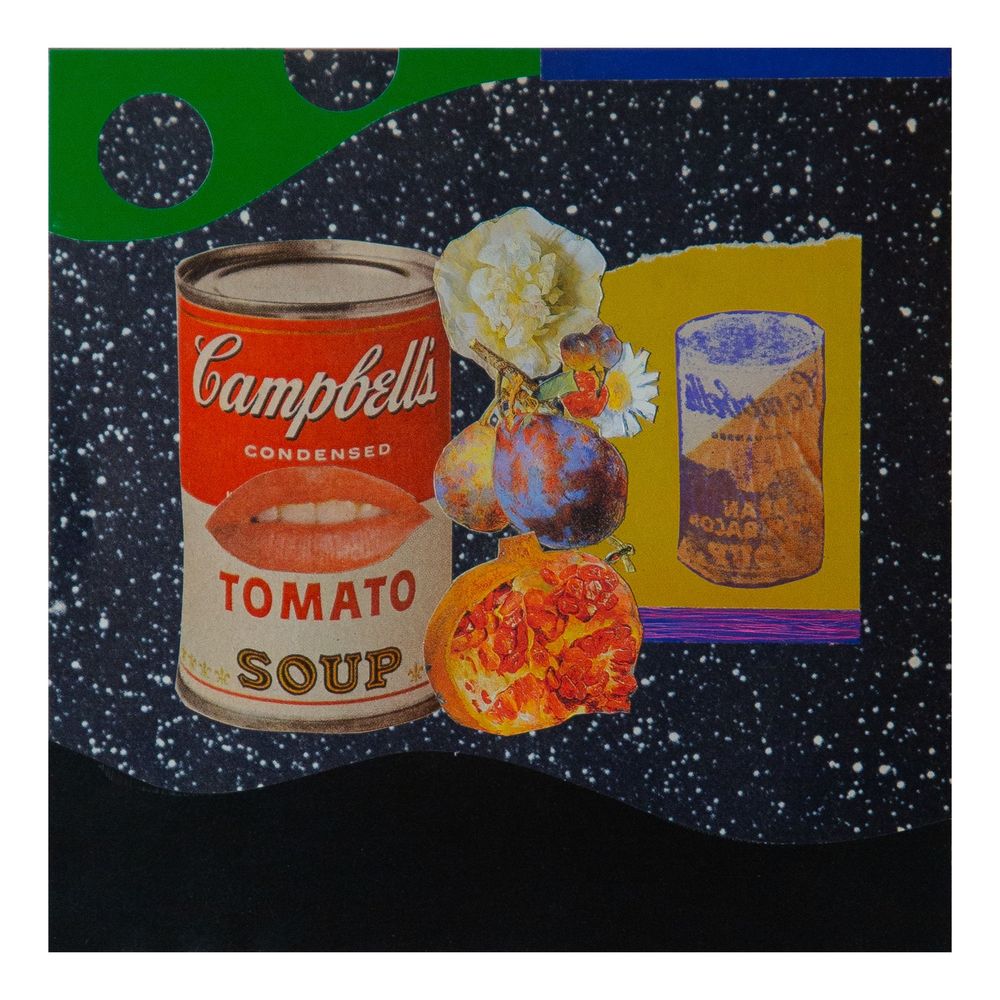 Pop art collage of Campbell's tomato soup can floating in starry space background.