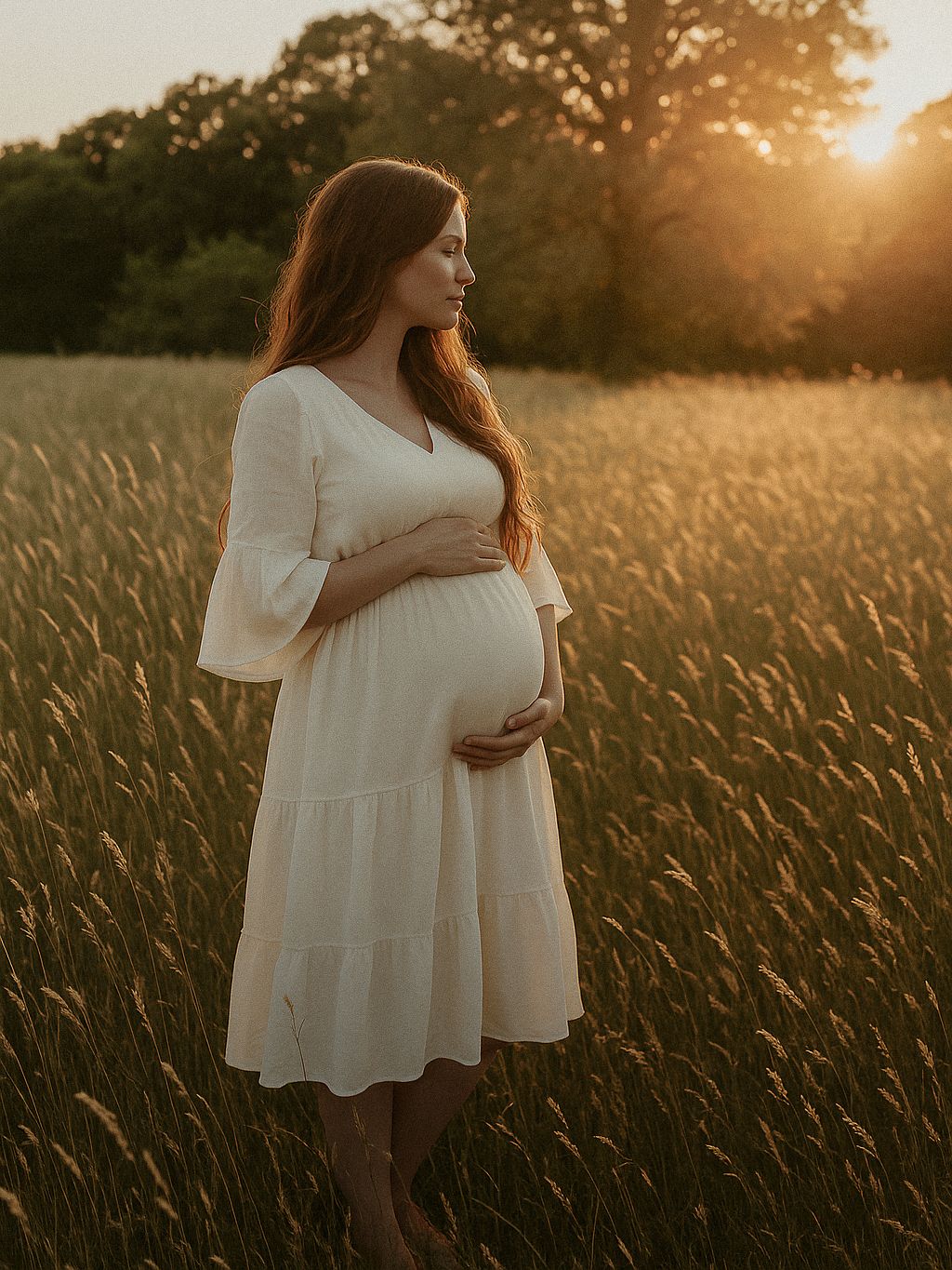 Golden sunlight illuminates an outdoor maternity photo of someone wearing a flowing white dress in a wheat field at sunset.