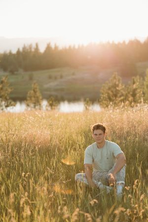 Scenic summer meadow at golden hour with tall grass and forest backdrop in soft sunlight.