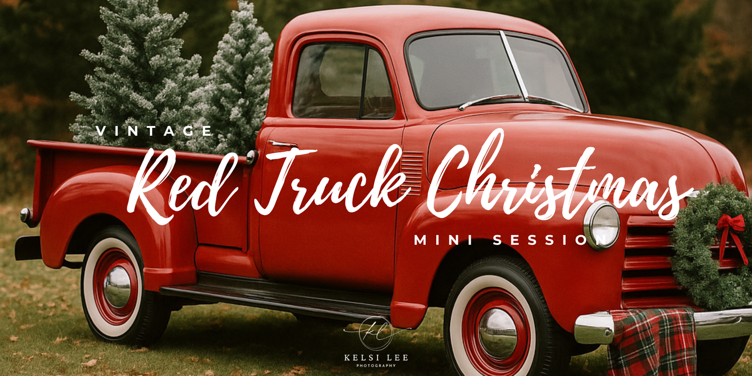 A classic red vintage pickup truck parked in front of evergreen trees with text overlay for Christmas mini sessions.