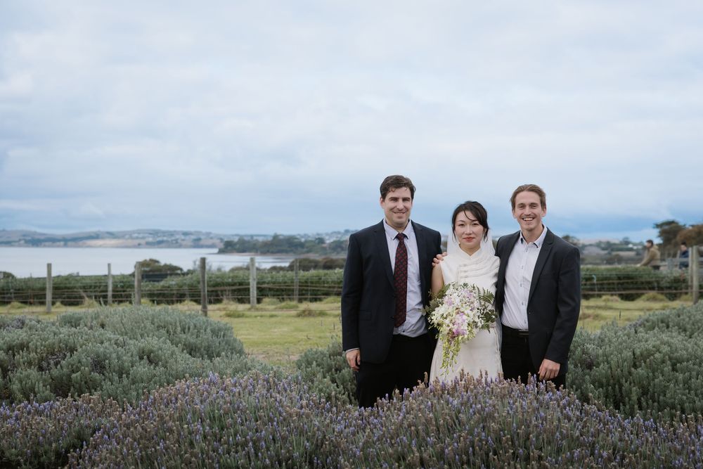 A wedding group photo taken in front of a coastal landscape with lavender bushes in the foreground.