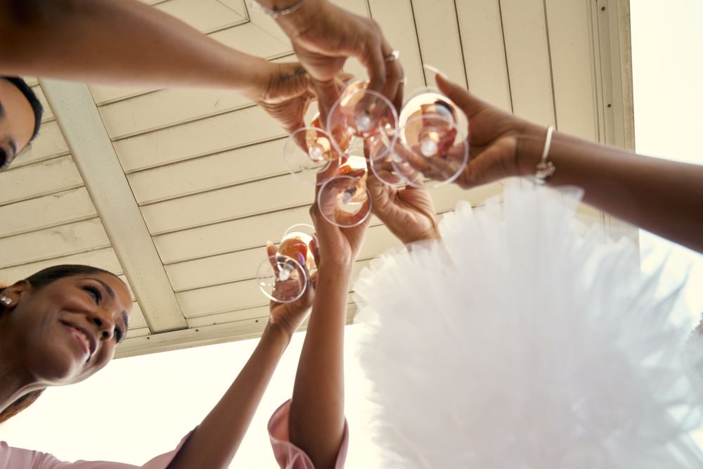 Wedding party toasting with champagne glasses in celebration.