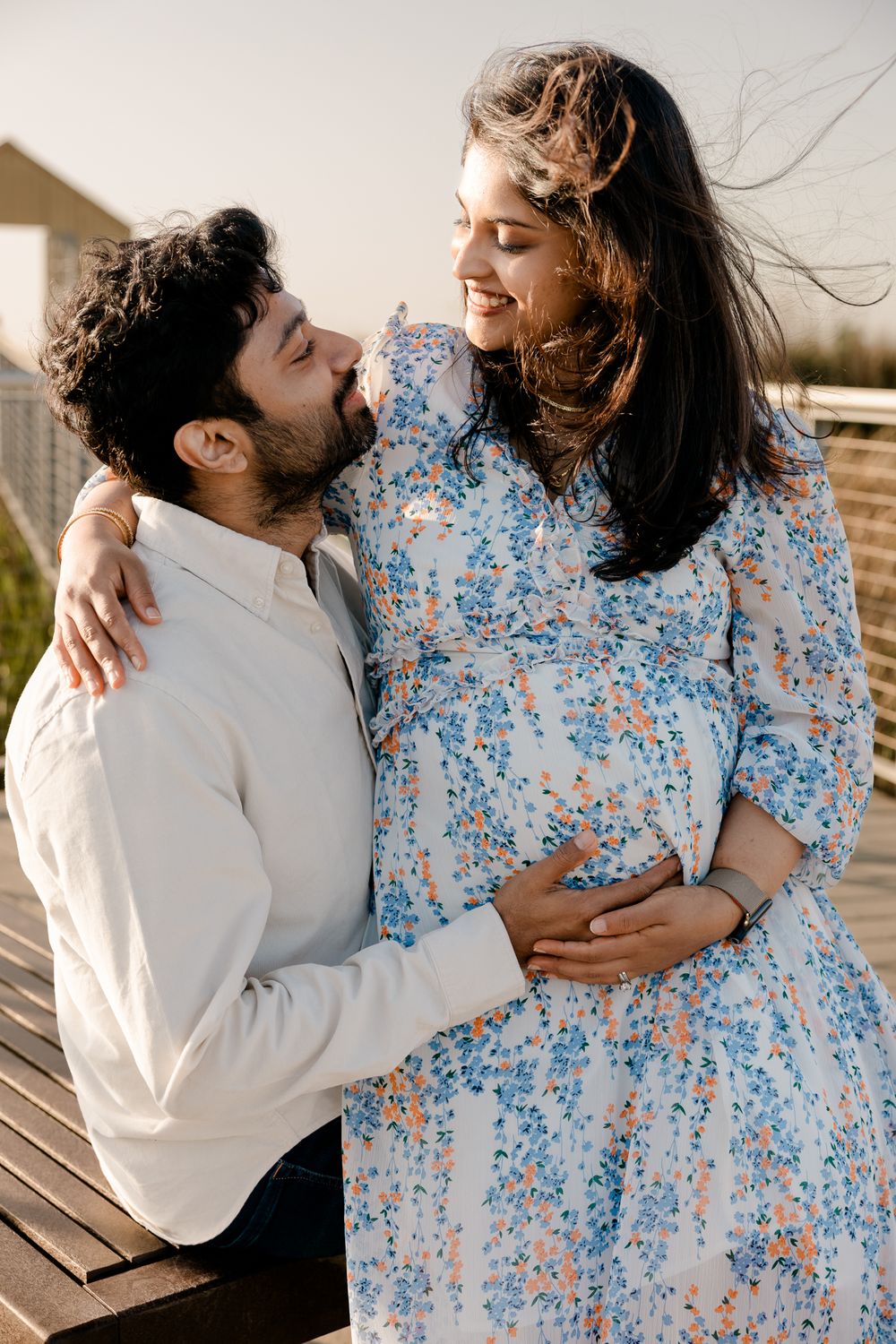 San Jose maternity session with warm light and neutral tones.