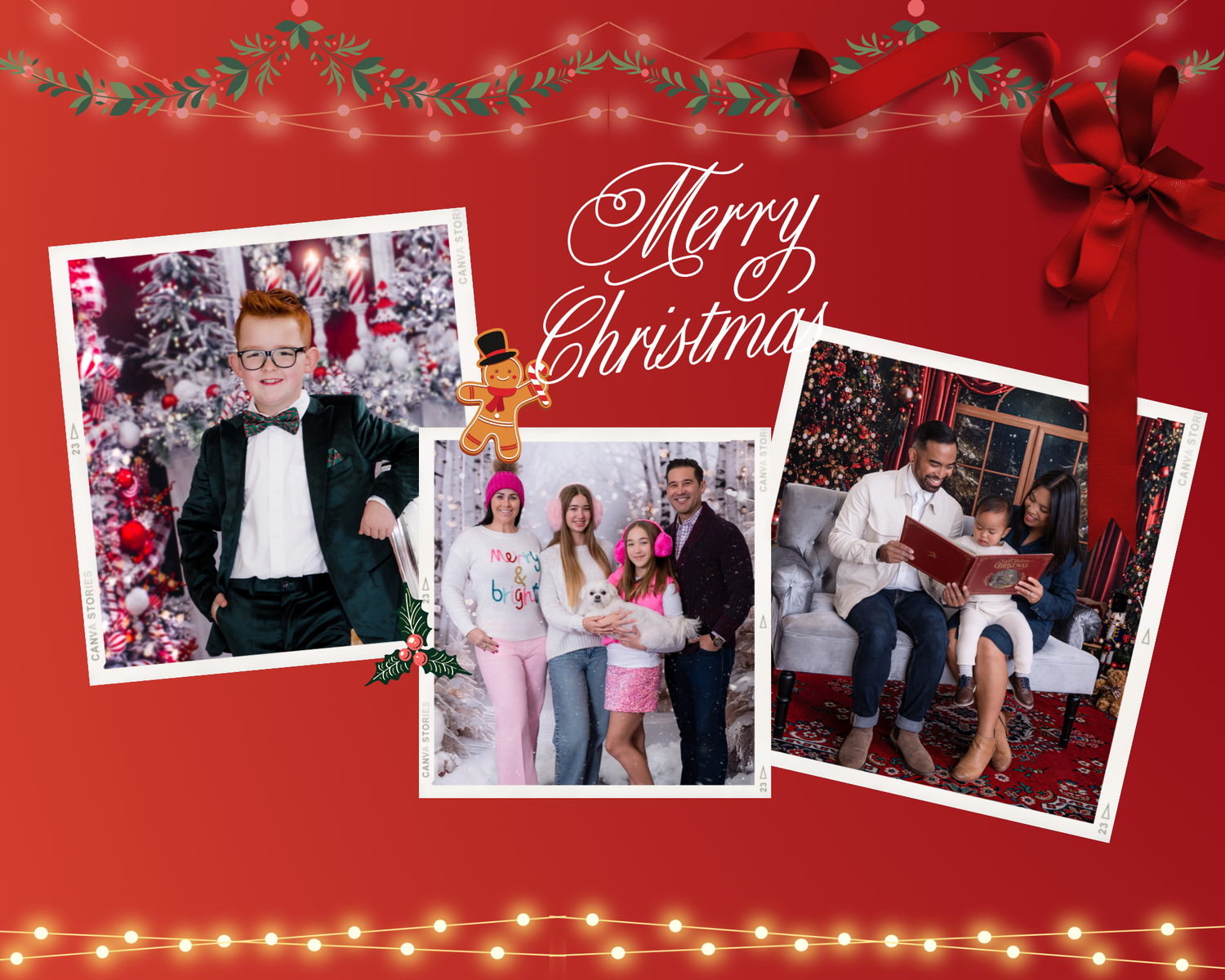 Christmas themed photo collage banner with string lights and scattered polaroid style images.
