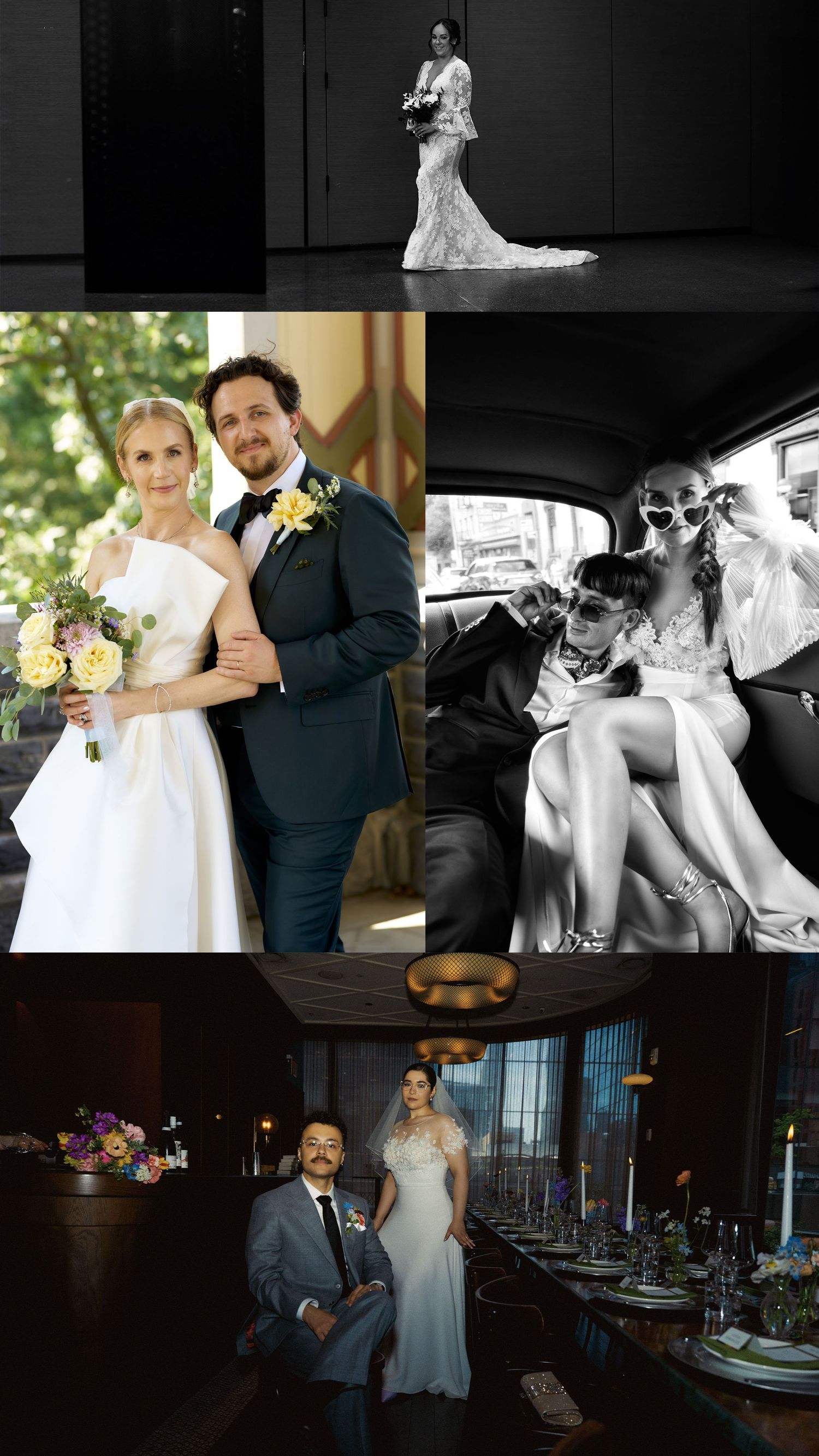 Wedding photo collage featuring formal portraits and candid moments in black and white and color.
