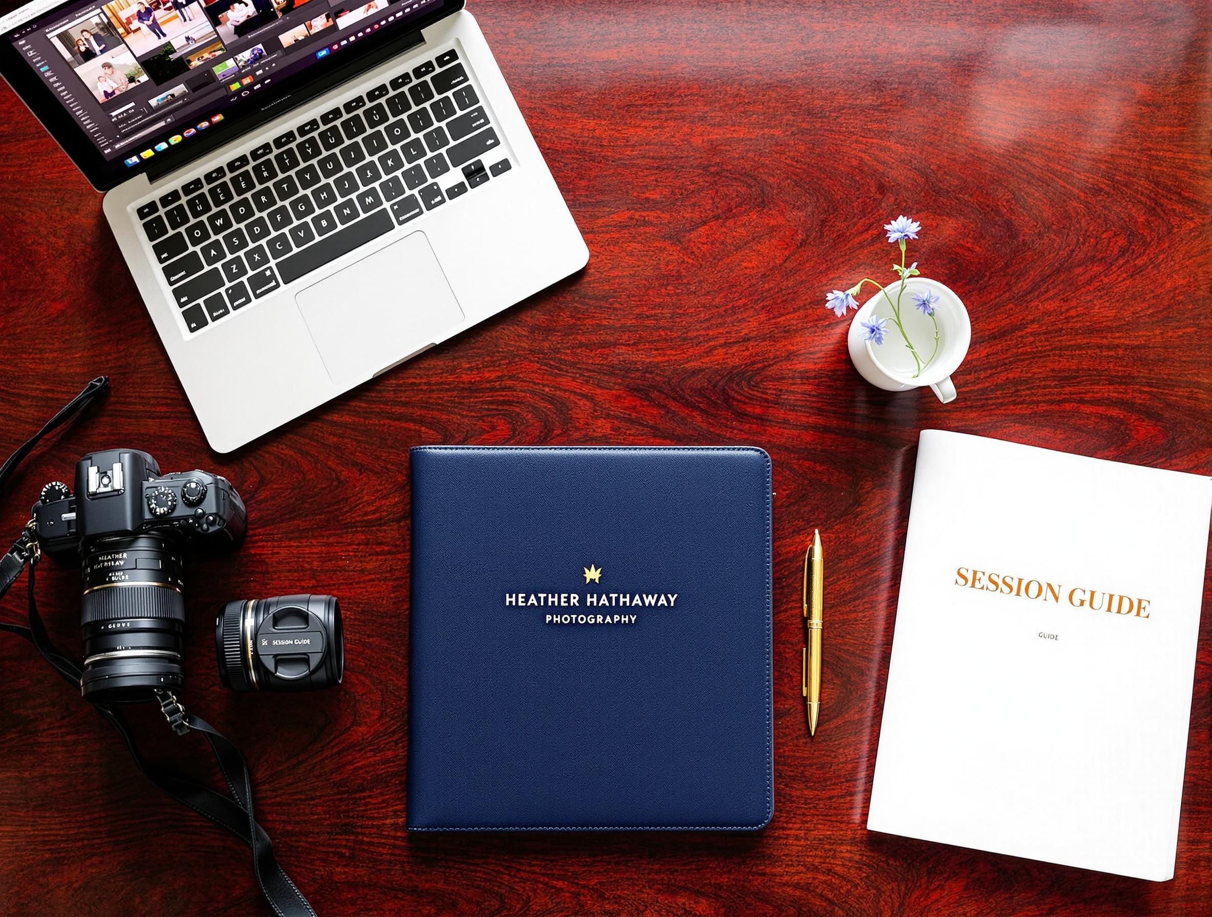 Organized collection of laptops, notebooks, and professional accessories arranged on a polished wooden surface.