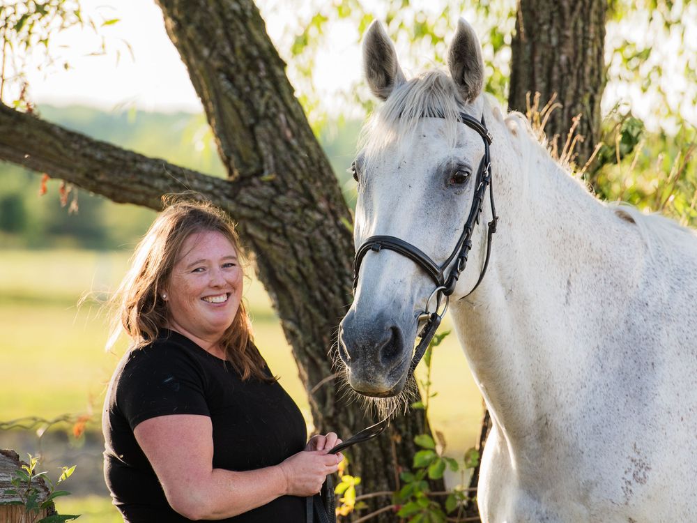 Gray dressage horse and rider portrait photo