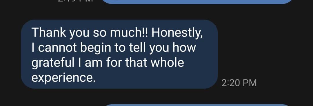A text message showing positive feedback after a photoshoot with timestamps displayed on a dark messaging interface.