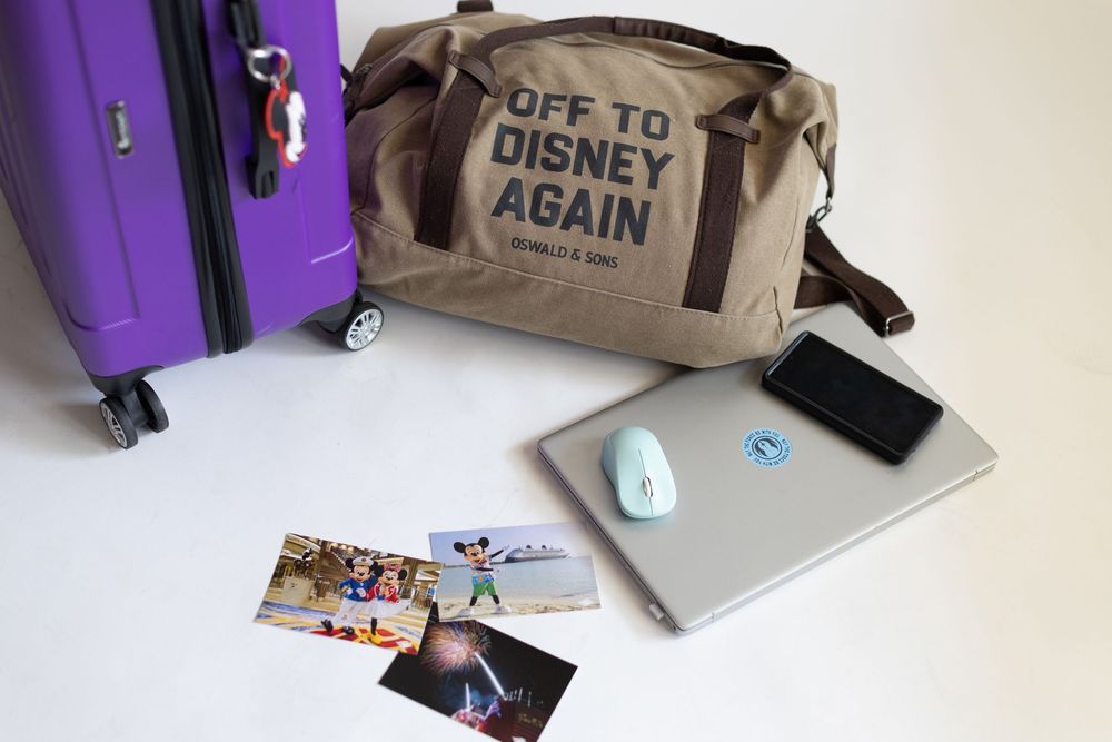 Purple luggage and travel accessories including bags and documents arranged on a white surface.
