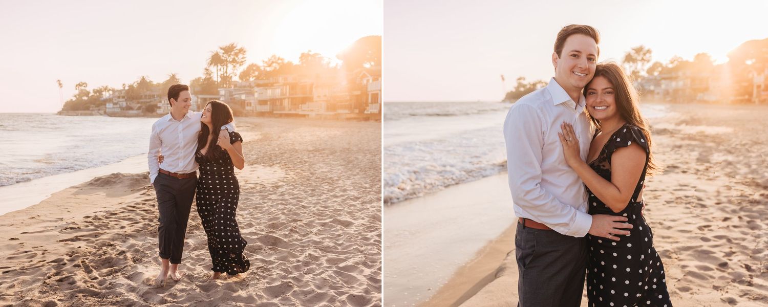 Beach photoshoot captures tender moments between couple during golden hour.