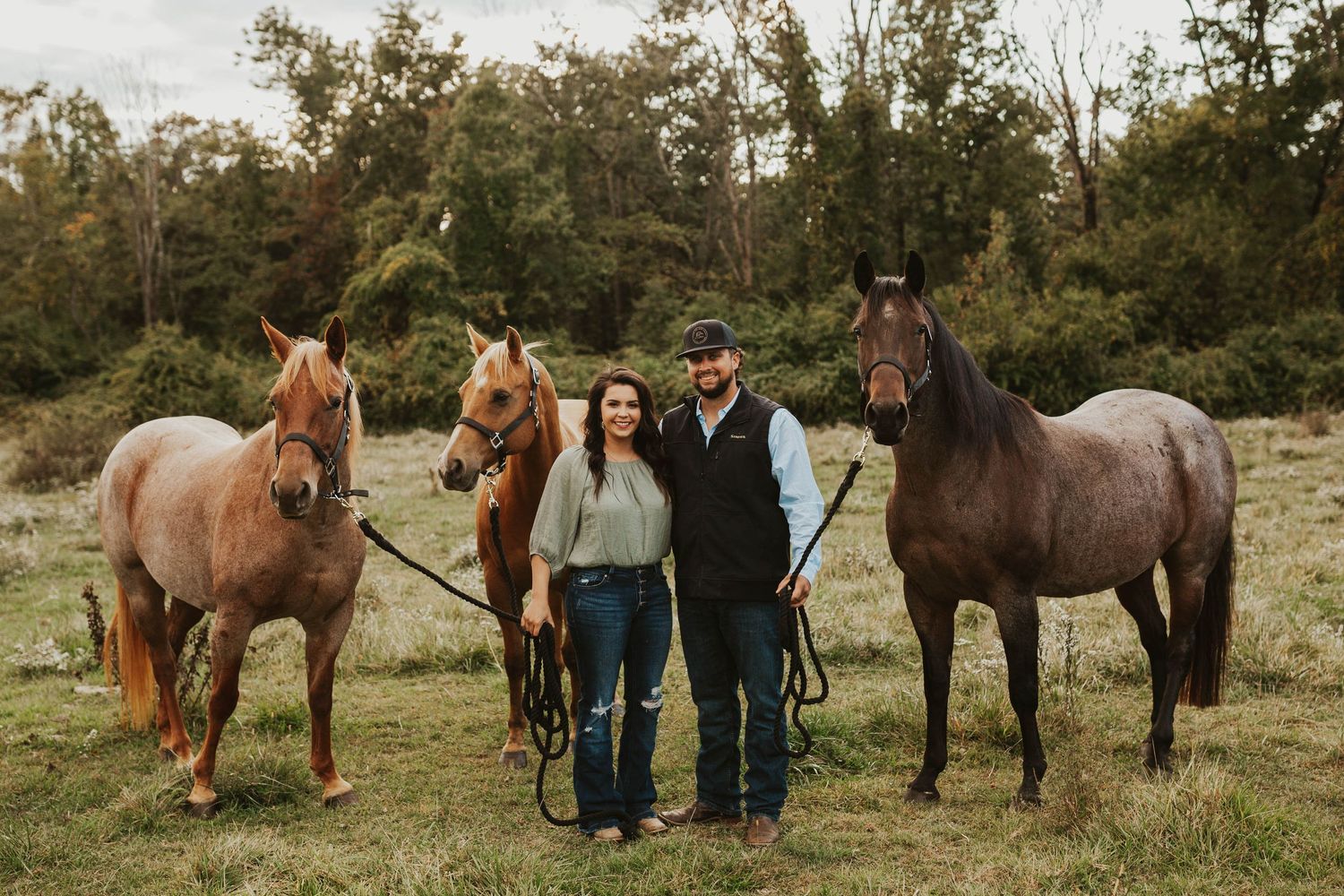 Three horses of different colors stand in a grassy field during golden hour with their owners.