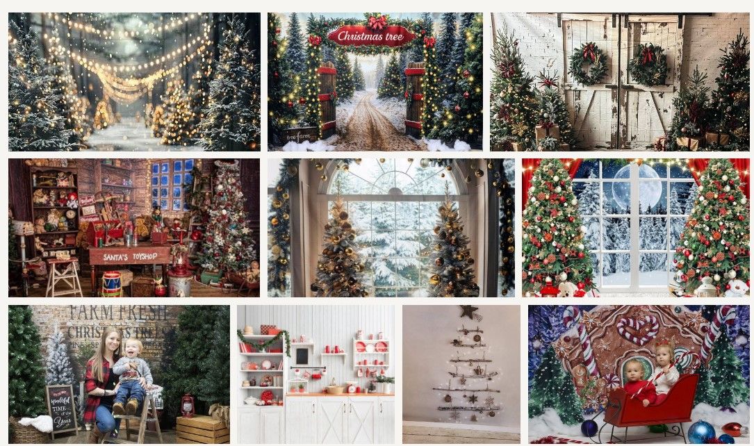 Collage of Christmas themed photo backdrops with decorated trees and festive settings.