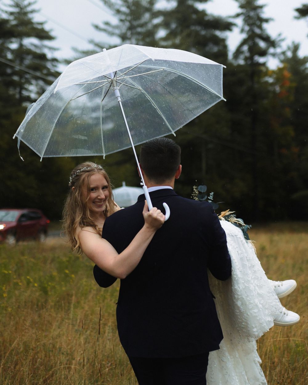 A couple shares a clear umbrella while standing in a grassy field with evergreen trees in the background.