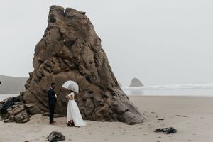Sea stacks and rock formations with natural arches dot the misty coastline of Oregon's rugged Pacific shore.