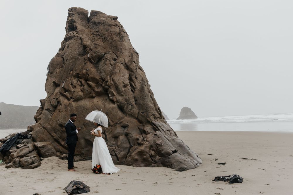 Sea stacks and rock formations with natural arches dot the misty coastline of Oregon's rugged Pacific shore.