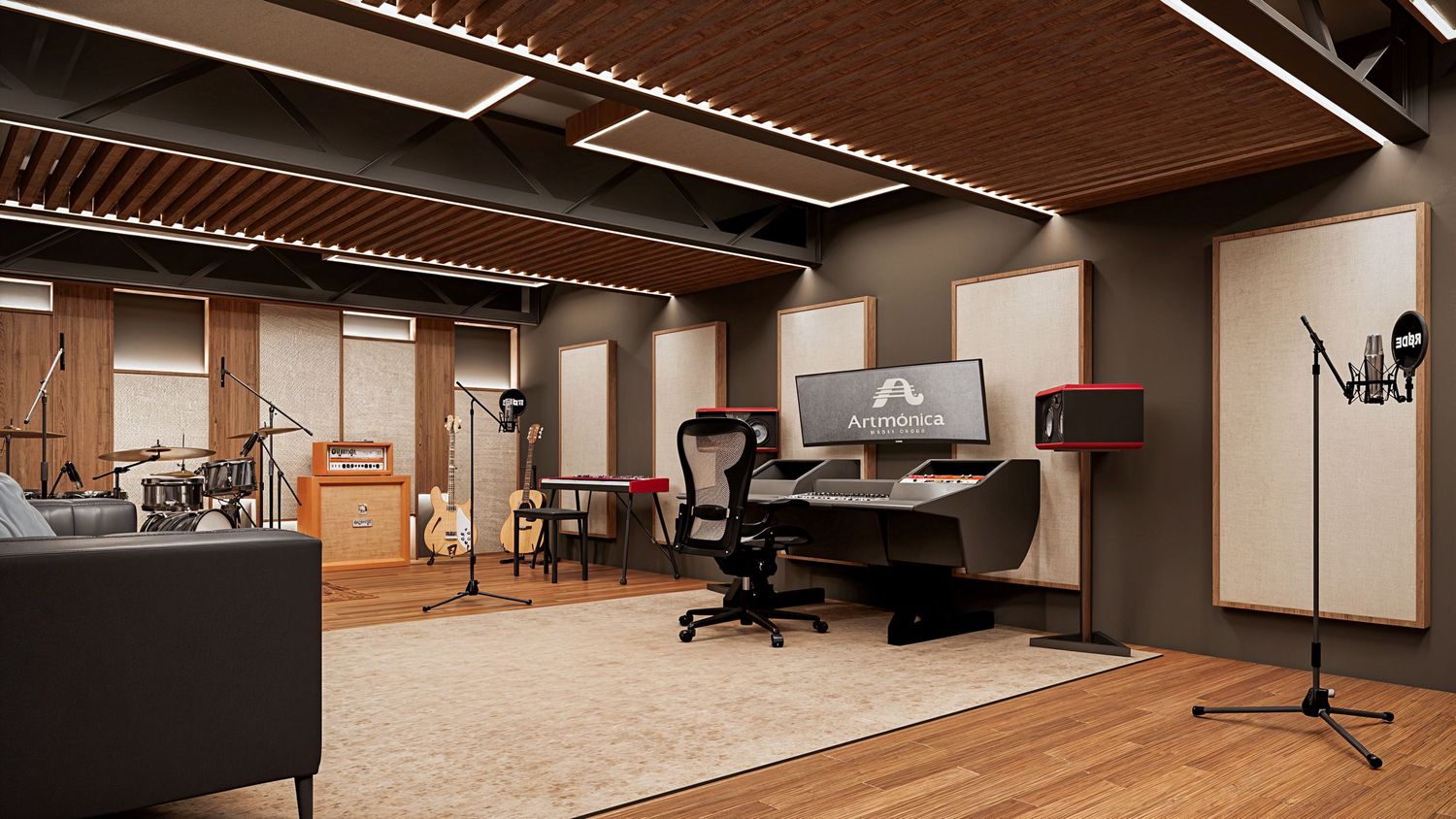 Modern recording studio interior with professional equipment, acoustic panels, and ambient lighting showing a mixing desk.