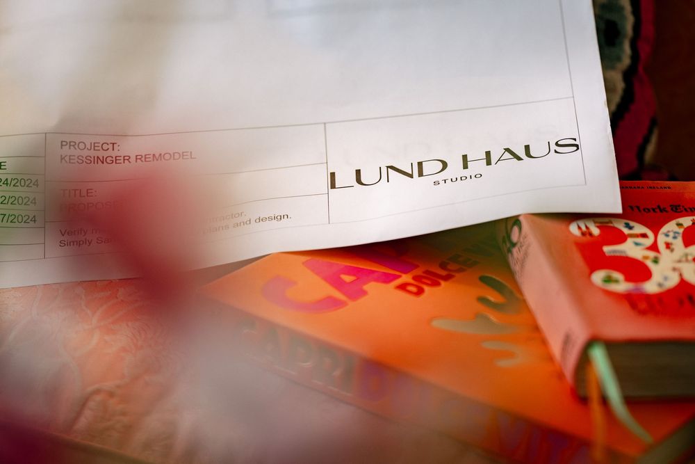 Closeup of printed Lund Haus text document with soft focus effect and orange tinted lighting.