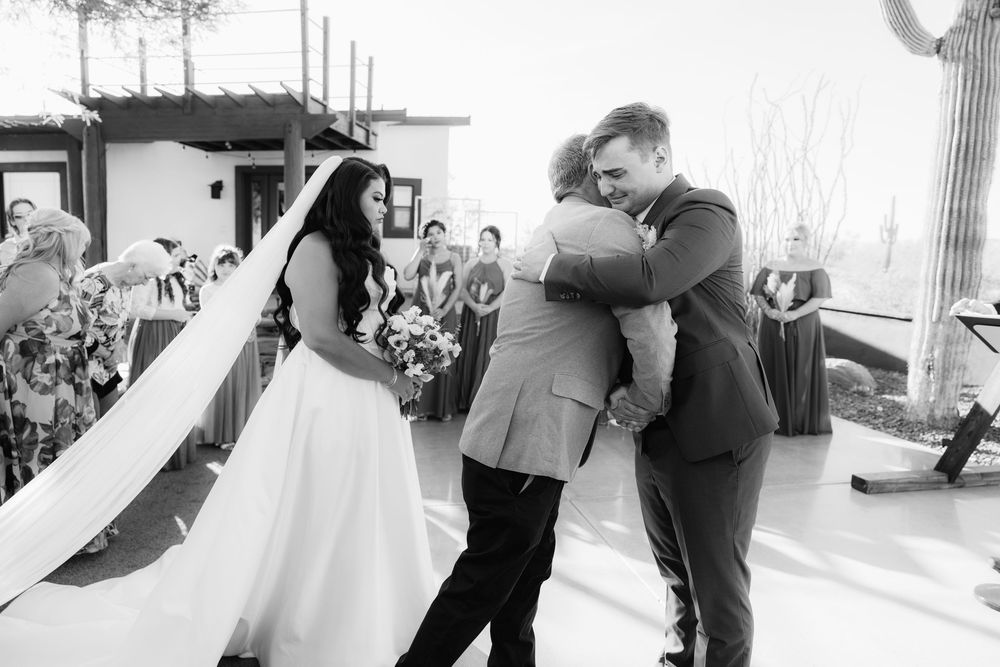 Black and white wedding photo sequence showing emotional ceremony moments.