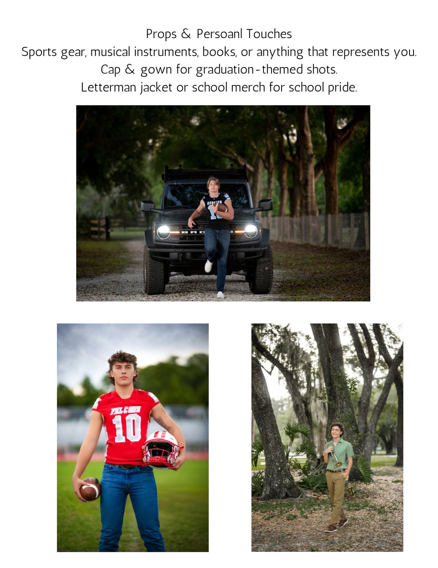 High school senior sports photography session showcasing athletes posing with footballs on field and track.