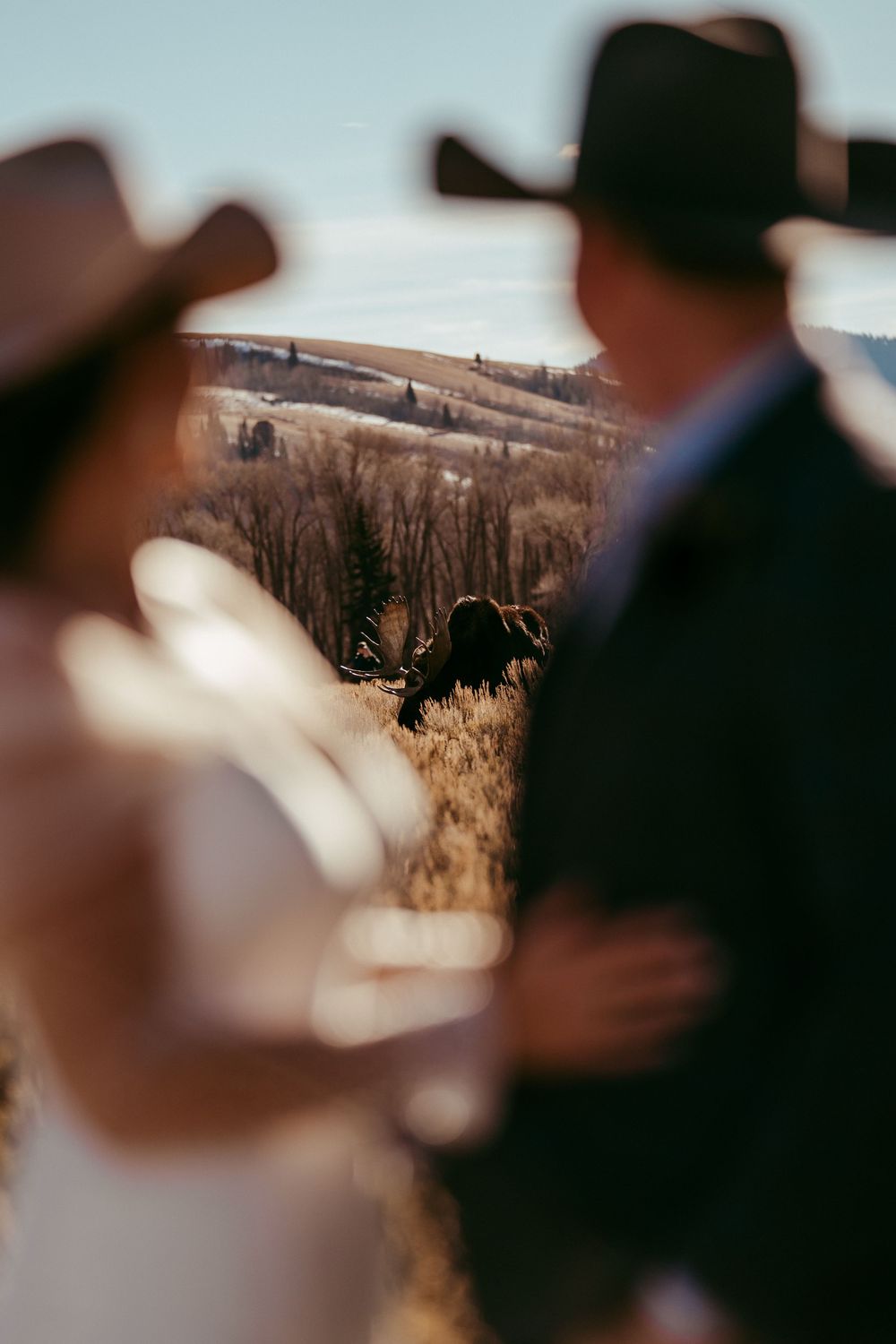Romantic winter mountain wedding portrait of a bride and groom in a snowy landscape at golden hour.