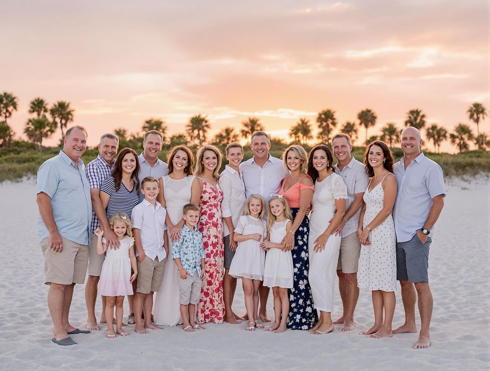 Large family group poses together on a beach at sunset with palm trees silhouetted in the background.