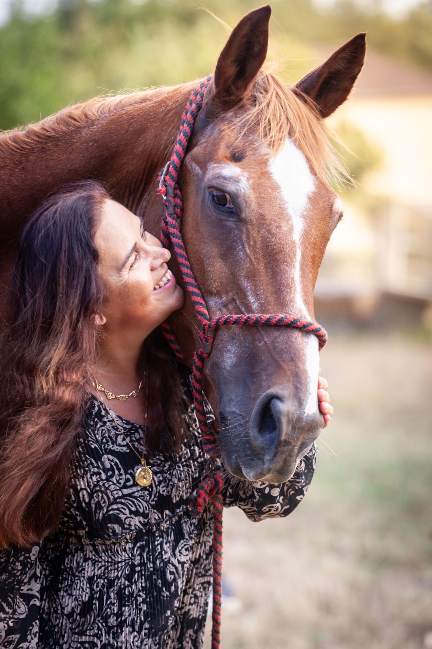 Sweet interactions between a chestnut horse and someone in a patterned dress at sunset.