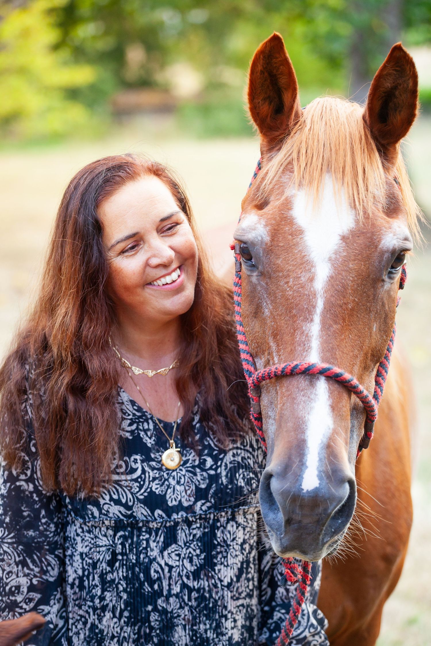 A chestnut horse with a white blaze shares joyful moments with someone in a patterned dress.