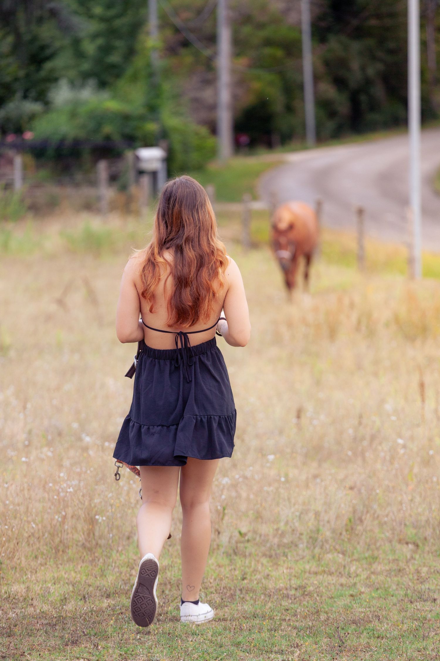 Someone in a black dress walking through a sunny field with a pumpkin.