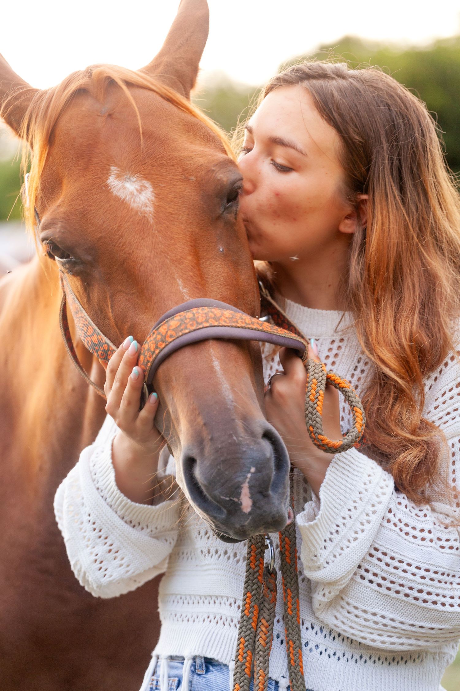 Close-up sequence of affectionate interactions between a horse and someone wearing white.
