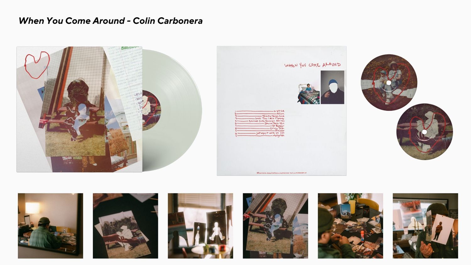 Vinyl record album artwork featuring a mint green colored vinyl disc and multiple photo thumbnails below.