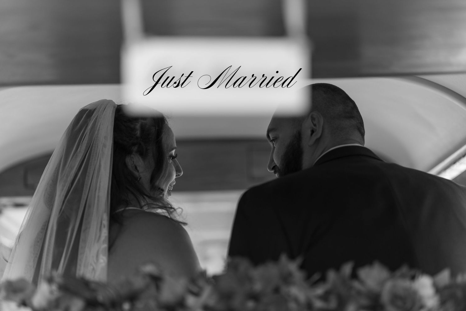 A black and white wedding photo collage shows intimate moments with muted lighting and candid perspectives.