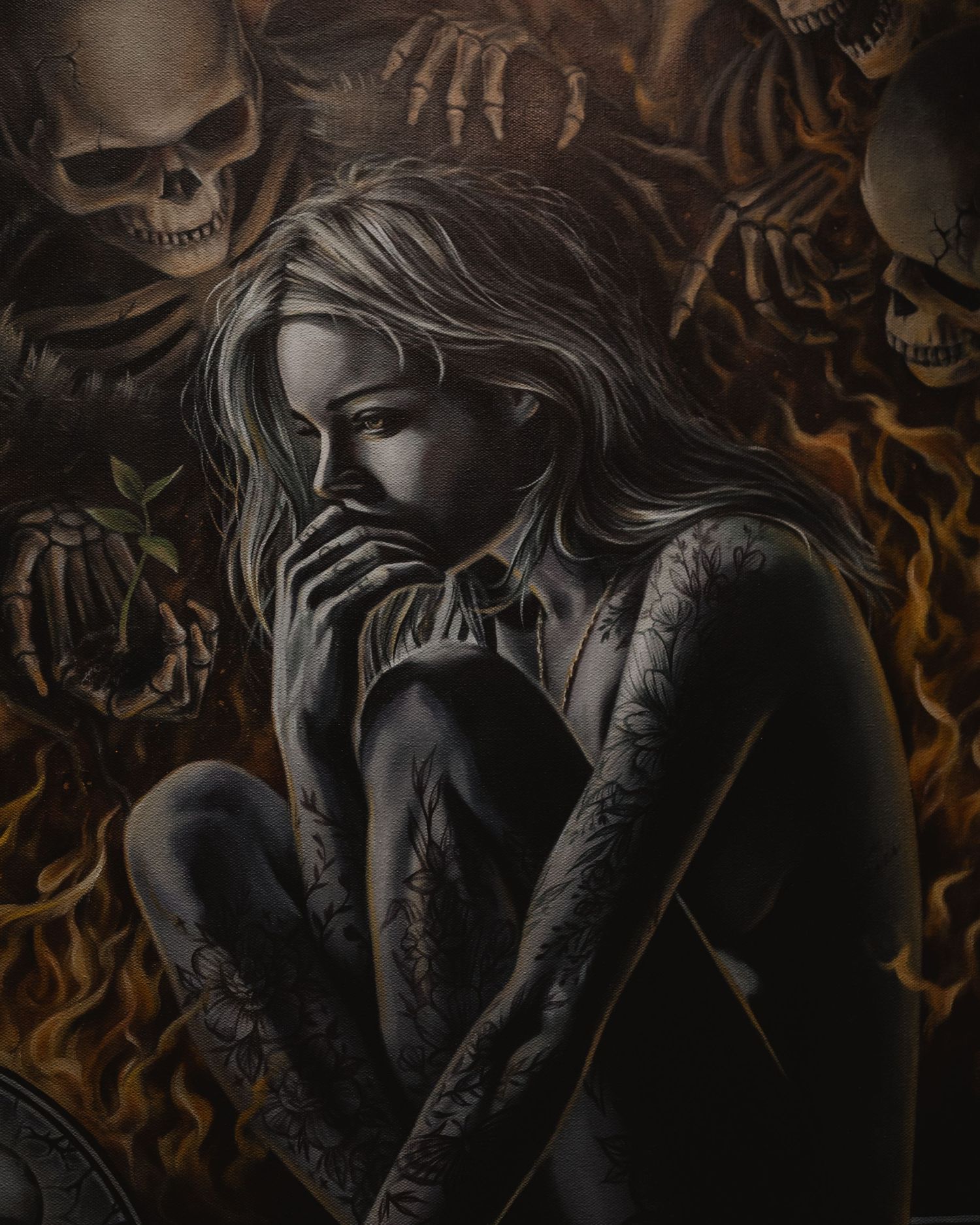 Dramatic fantasy art sequence showing an ornate headdress with snakes and geometric patterns in a dark mystical style.