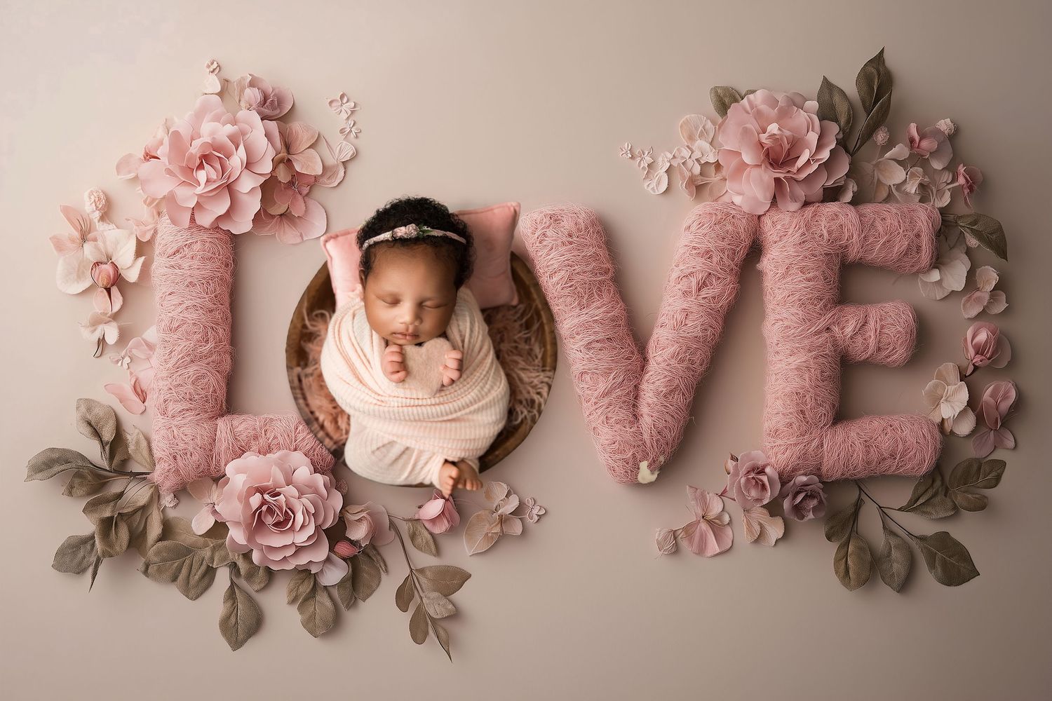 Newborn baby photography with letters spelling LOVE decorated with pink flowers and floral arrangements on beige backdrop.