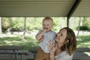 A series of candid outdoor family photos showing affectionate moments in natural lighting.