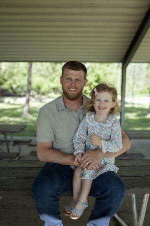 Family portrait series showing playful interaction while sitting on wooden bench outdoors.