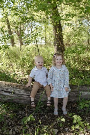 Two children sit together on a fallen log in a sunlit forest setting.
