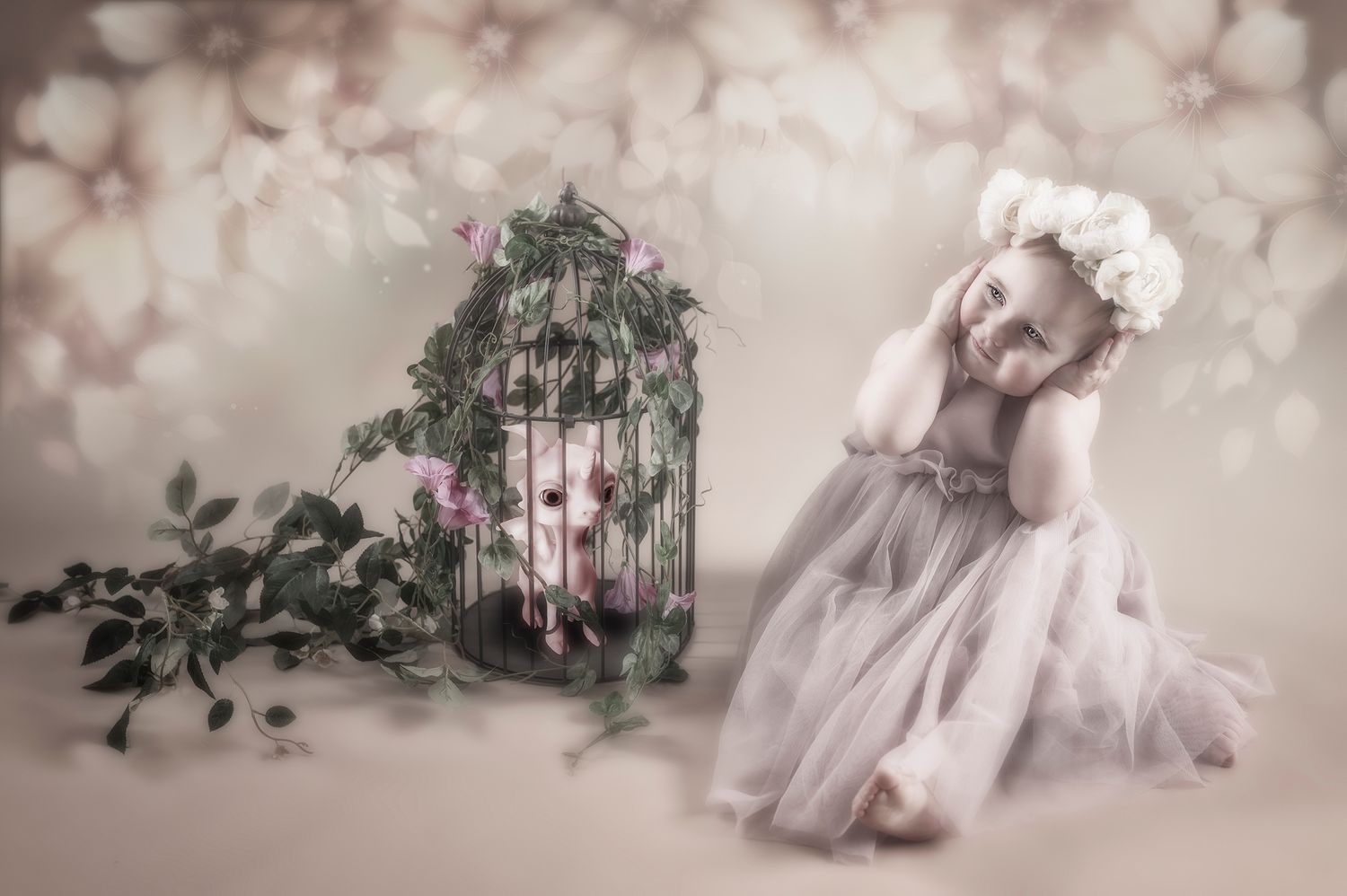 Dreamy vintage-style portrait with soft bokeh and floral elements.