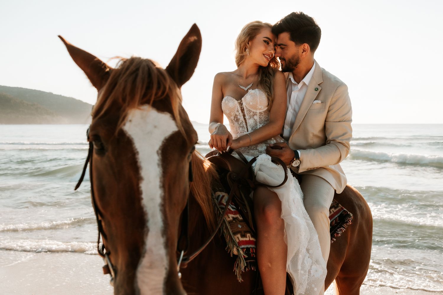 A romantic beach scene with a brown horse and formal attire at sunset.