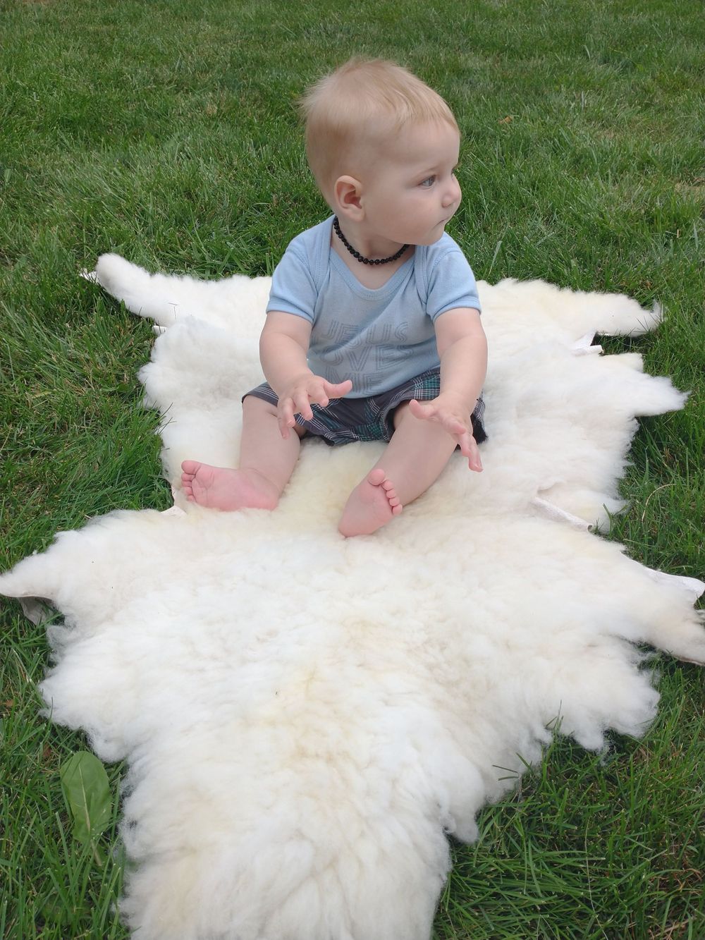Image of a baby sitting on a sheep skin on the grass.