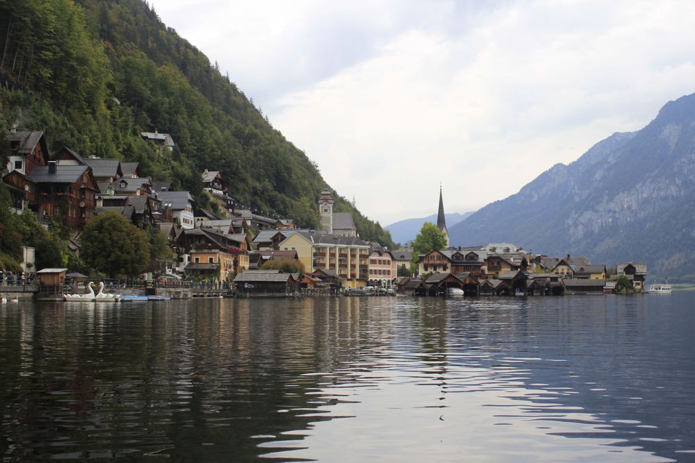 Image of Hallstatt, Austria. A village on the mountains by a lake, taken from the lake.