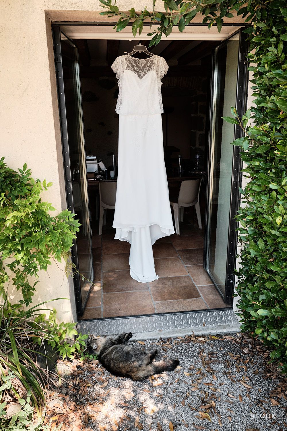 TLOOK photographe de mariage de style documentaire, aux portes des iris préparatifs de la mariée robe suspendue et chat