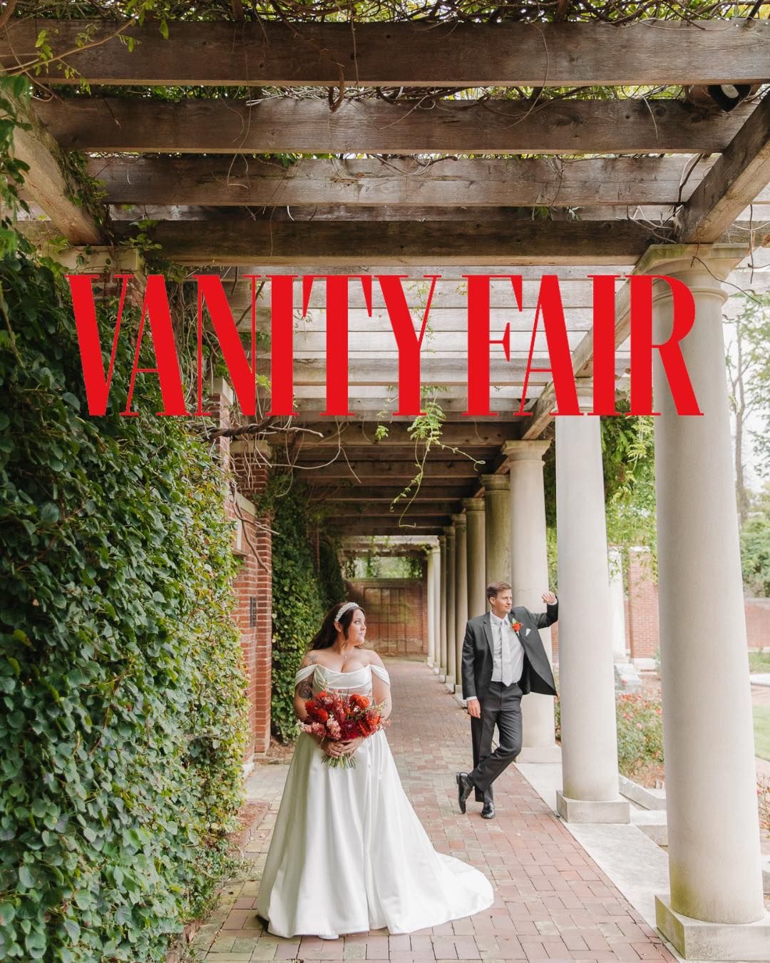 Creative wedding photo under a columned walkway with ivy and a red Vanity Fair magazine-style logo overlay.