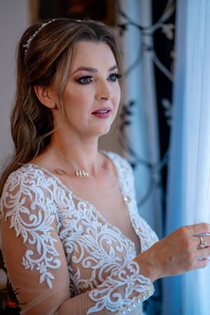 Wedding dress with ornate lace appliques captured in soft natural light.