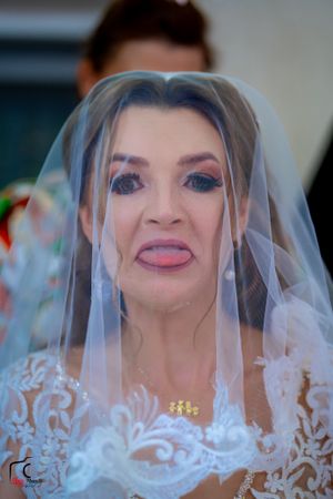 Candid moments of a bride in her wedding attire showing various expressions.