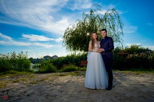 Wedding ceremony site with weeping willow trees and expansive blue sky in panoramic view.