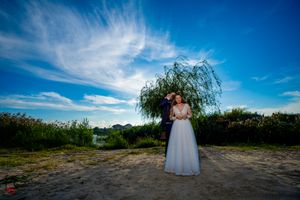 Panoramic wedding photography showing a natural outdoor setting with vibrant blue sky.