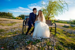 Wedding couple sits on bench surrounded by spring flowers and weeping willow trees.